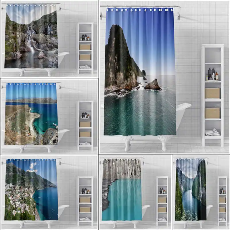 

Sea View Shower Curtain Waterproof and Mildew Proof Bathroom Partition Curtain