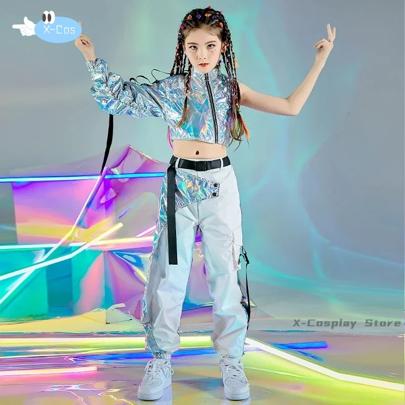 PU Hip-Hop Dance Clothes Reflective Rave Outfit Girl set Jazz Dancewear Festival Crop top pantaloni Cargo passerella Show Costume