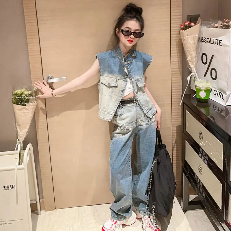 

teenage Girls denim suit summer 2023 online celebrity vest top+Wide leg jeans+belt 3pcs kids pants trousers suit children outfit