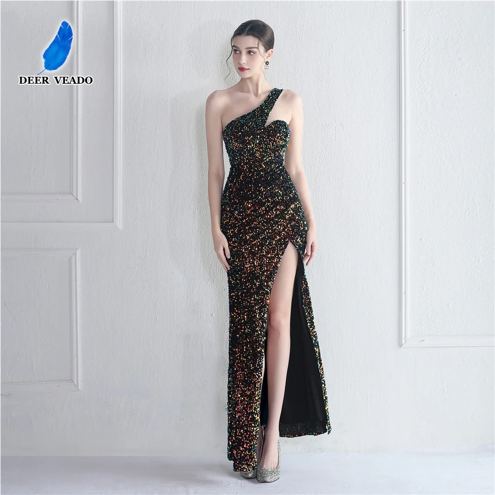 

DEERVEADO One Shoulder Slit Evening Dress Long Mermaid Sequined Formal Occasion Dress Women's Prom Party Maxi Dress