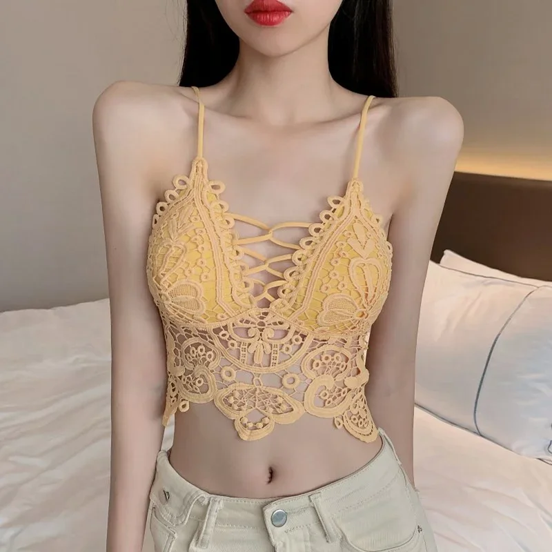 New Women Hollow Out Bralette Solid Color Beauty Back Lace Underwear Sexy Vest Female Add Pad Wireless Bra Suspender Top