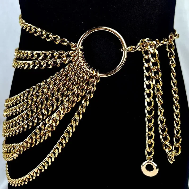 Adjustable Goth Waistband Chunky Gold Waist Tassel Multilayer Metal Chain Waist Belt Punk for Women Female Dress Accessory