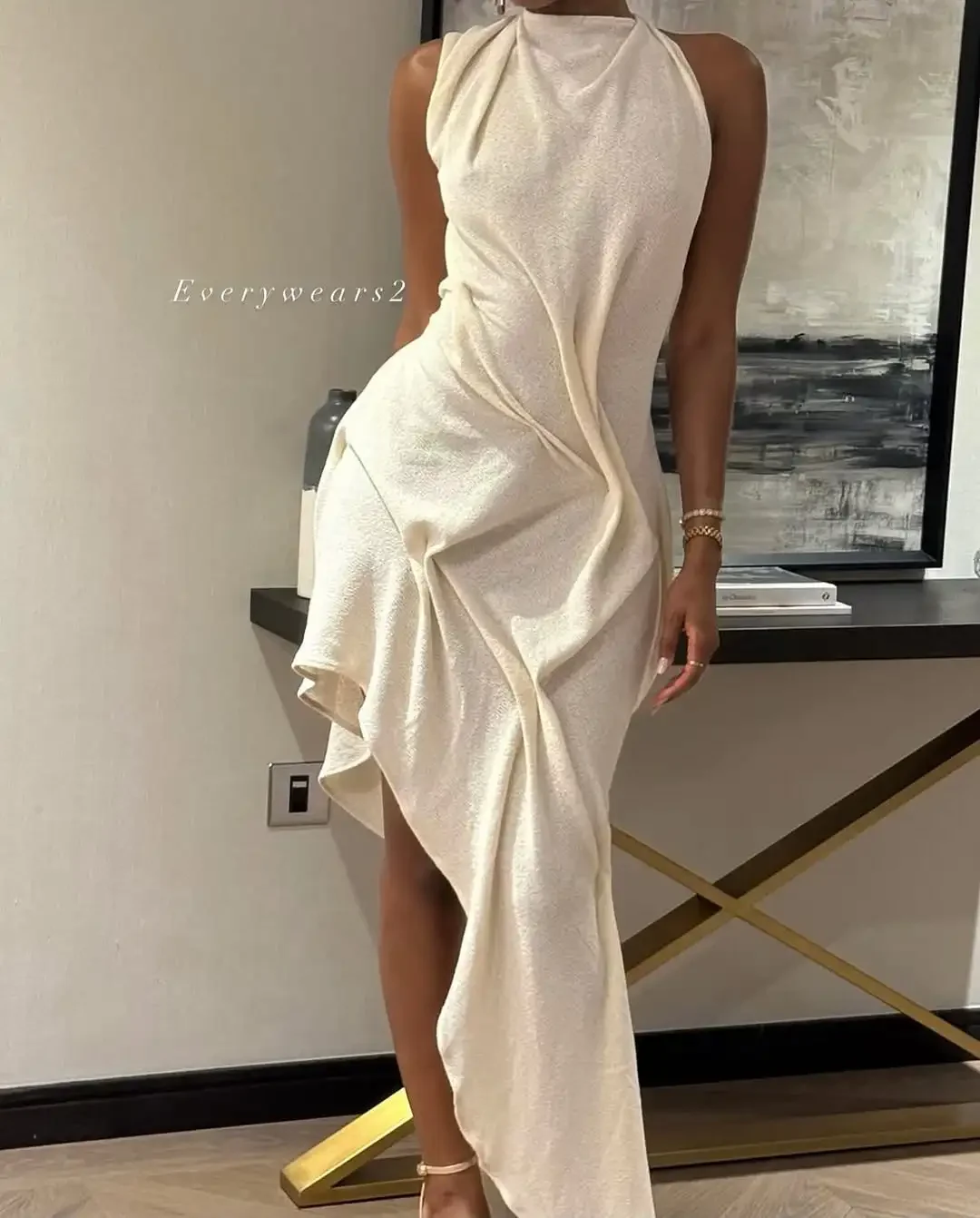 Elegant Solid Sleeveless Midi Dress Fashion Draped High Neck Waist Cinched Dresses 2026 Summer New Lady Evening Party Gowns
