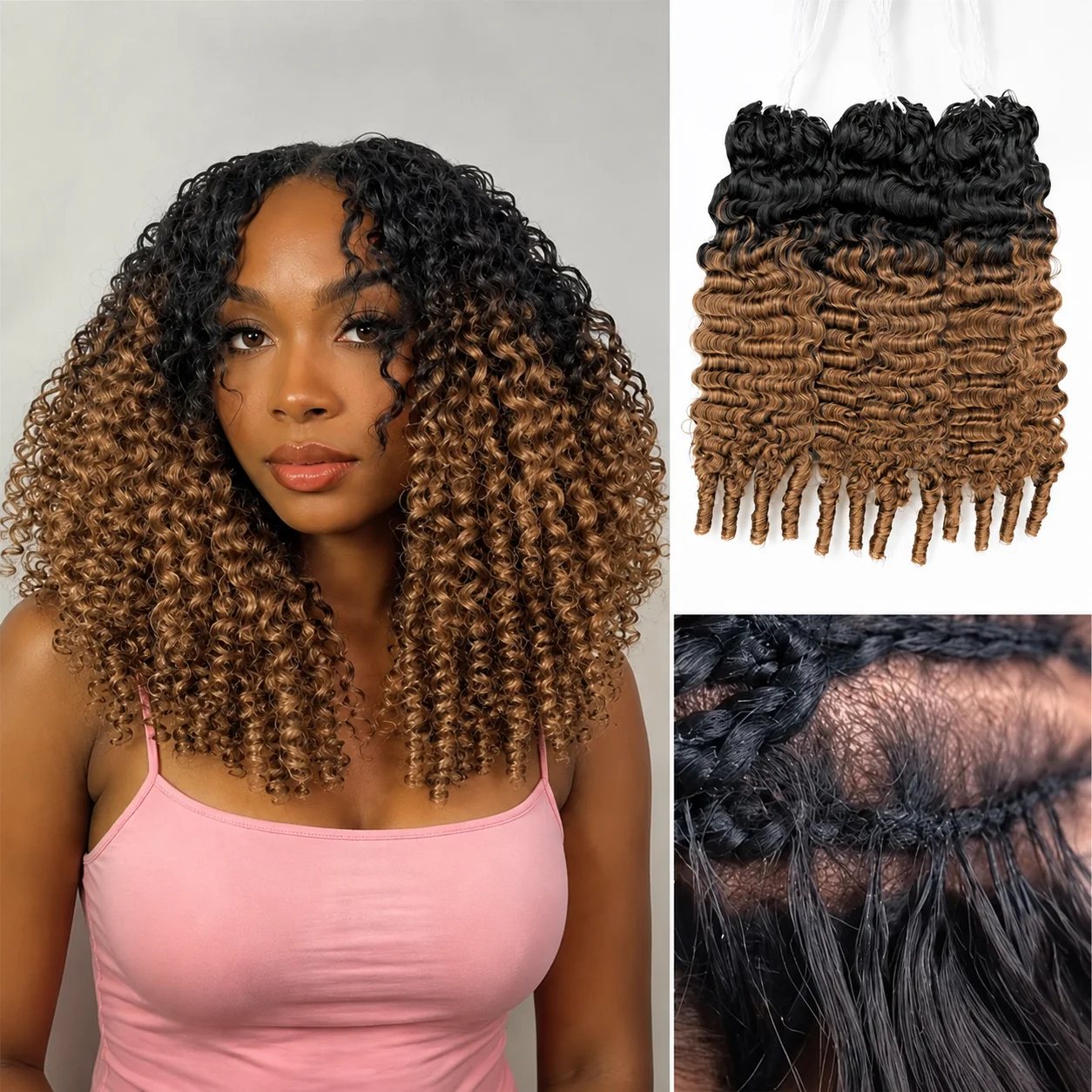 TB30 Brown Burmese Curly Crochet Human Hair Miracle Knots Feather Crochet Invisible Knotless Pre Separated Human Hair Extensions