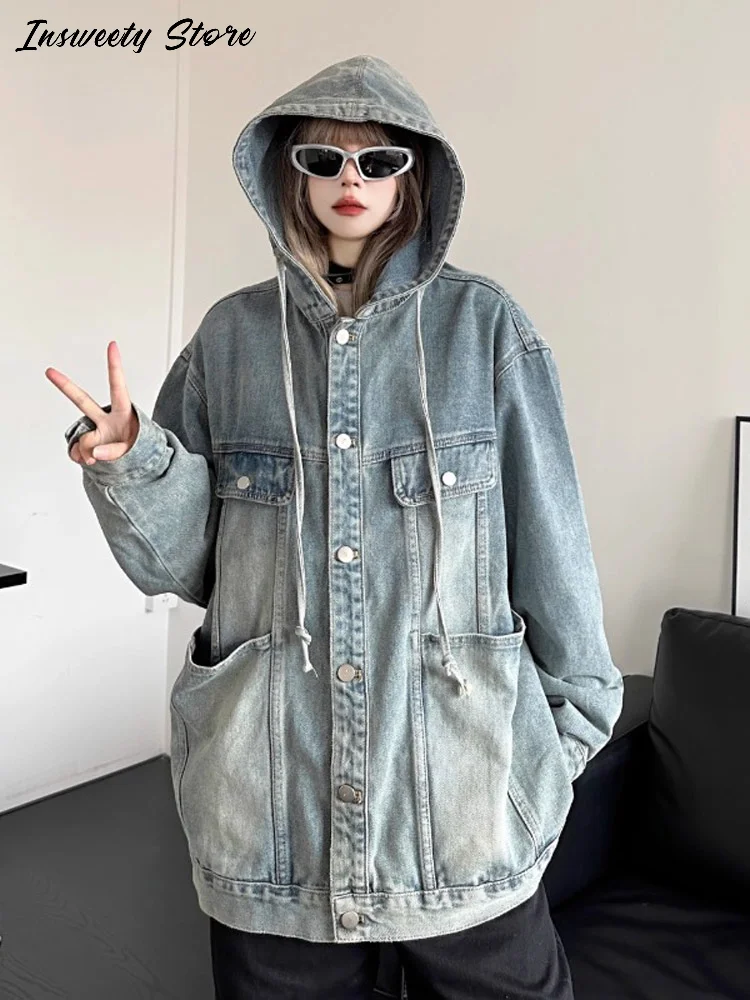 

Washed Denim Hooded Jacket Women's Loose Single Breasted Pockets Long Sleeve Outwear 2025 Spring New Lady Fashion Streetwear