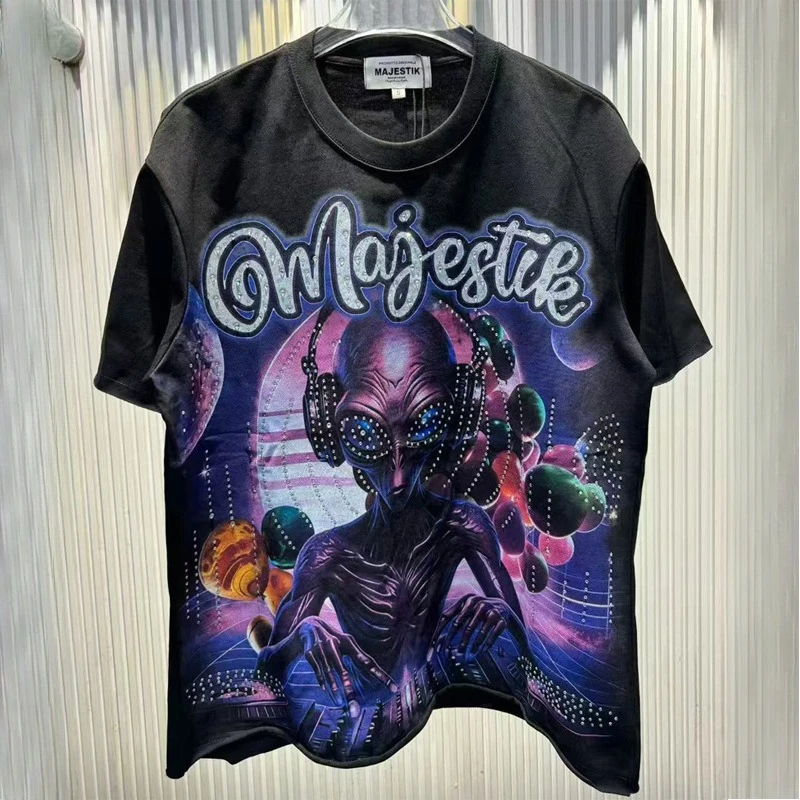 2026 Summer Trendy American Style MAJESTIK T-shirt Glittering Embroidery Retro Print Round Neck Majestik Short Sleeve