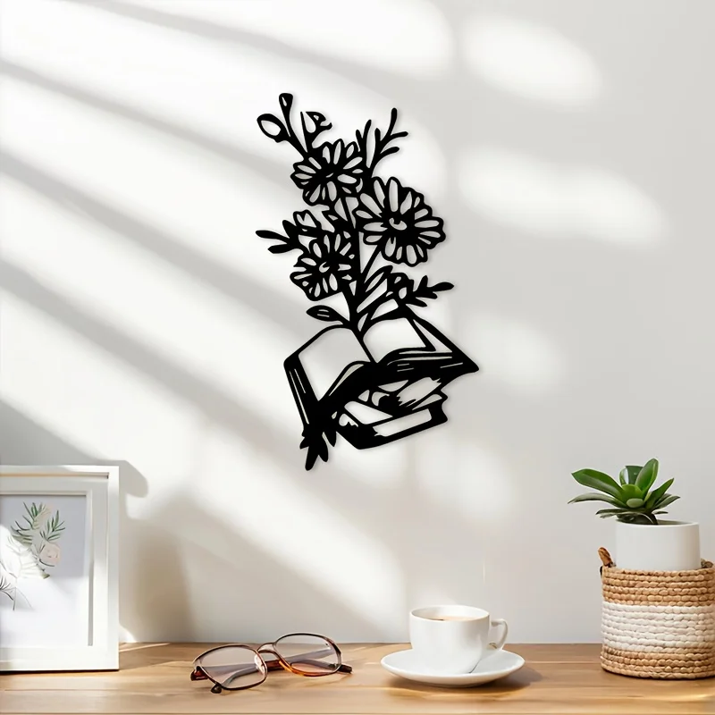 Brand 2D Black Metal Wall Art Botanical Floral Open Book Iron Plaque Bookend Decor Home Office Library Irregular Shape