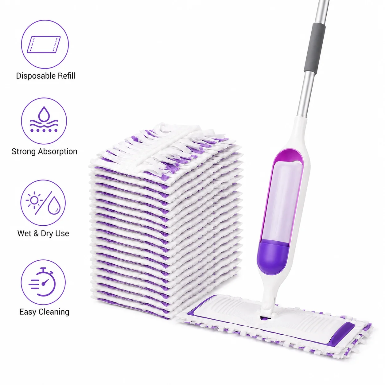 Water spray mop, with disposable gasket, stainless steel rod, strong water absorption, quick floor cleaning mop
