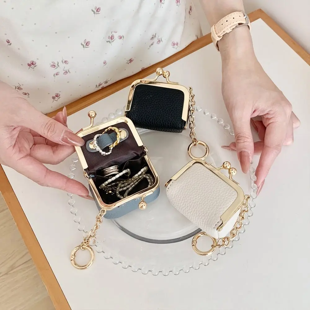 Elegant With Keychain Kiss Lock Coin Purse Multicolored Mini Leather Jewelry Bag Wallet Square Small Item Bag Ring
