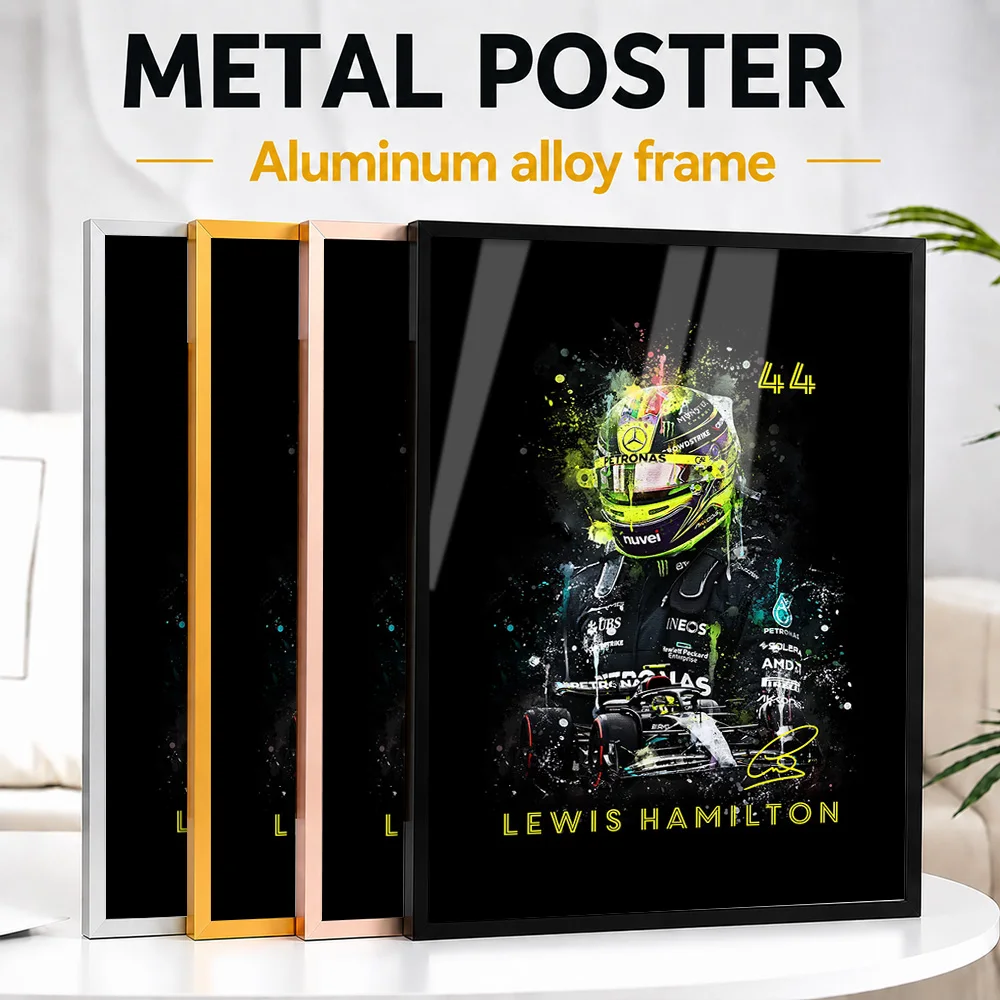 Affiche Métallique de Lewis Hamilton avec Cadre en Alliage d'Aluminium, Photo Personnalisée, Style Grand Prix Haute Vitesse, Décoration Murale pour Salon