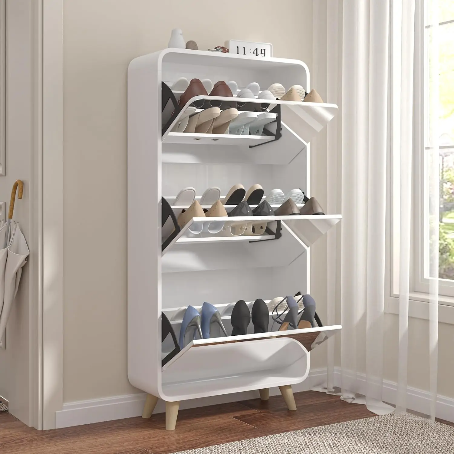 3 Flip Drawers, Narrow Shoe Storage Cabinet with 2 Layers Drawer, Hidden Shoe Rack Organizer for Entryway