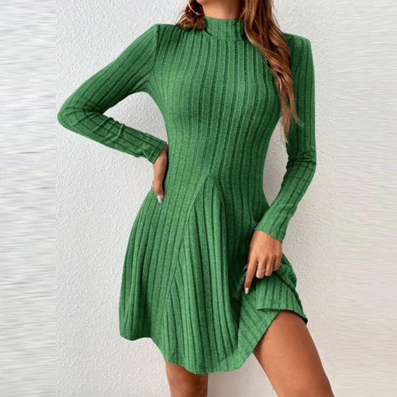 

Winter Elegant Half Turtleneck Knitted Dress Autumn Casual Long Sleeve Ribbed Solid A-Line Dress Fashion Women Slim Mini Dresses