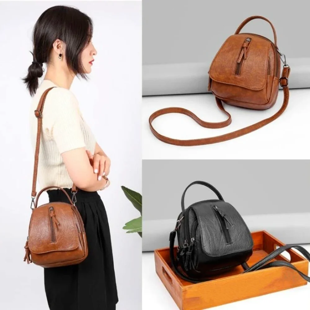 Vintage Soft Leather Shoulder Bags for Women Multi-compartment Female Handbags Small Crossbody Tote Zipper Bags