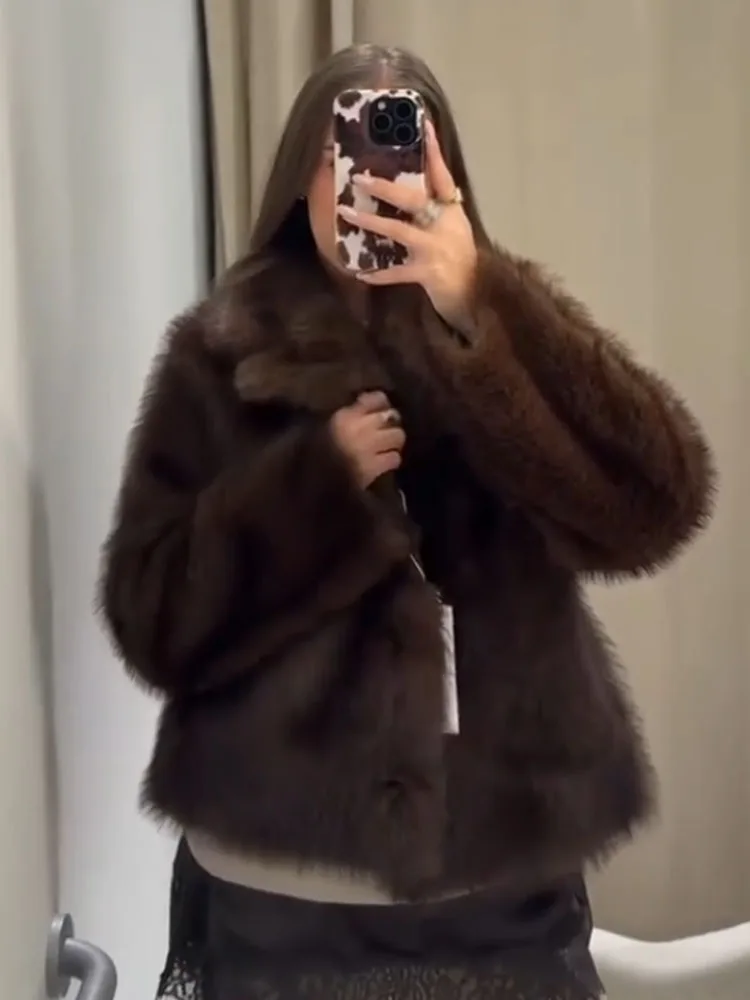 HH Dames Revers Knoppen Zak Lange Mouwen Warm Uitloper Omkeerbaar Nepbont Effect Jas Damesmode Casual Straatjas