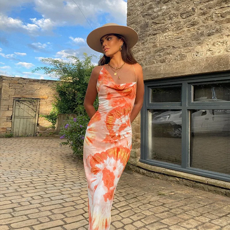 Summer New Fashion Printed Tie Dye Backless Strap Women Long Dress Orange Sexy Slimming Sleeveless Pencil Skirt Jupe Femme 923