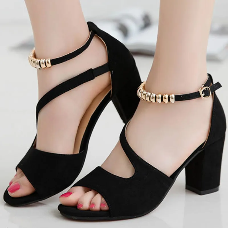 

Summer Sexy Fish Mouth High Heels Women Roman Sandals Fashion Thick with One Word with Beaded Female Sandals Zapatos De Mujer