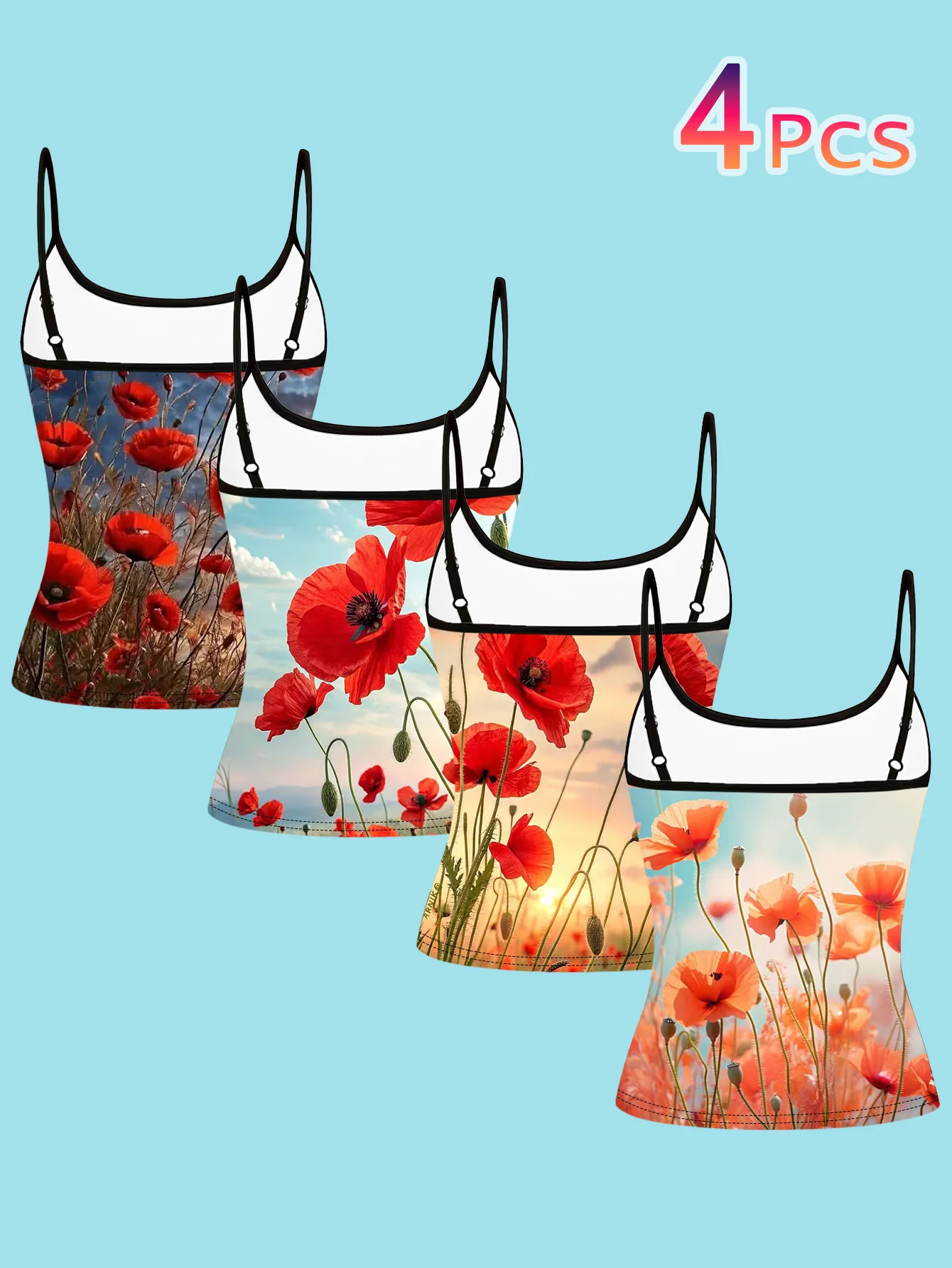 4-Piece Set of Women's Spaghetti Strap Camisoles with Realistic Floral Print of Wild Red Flowers in an Oil Painting Style, Slim-Fit Sleeveless Tops