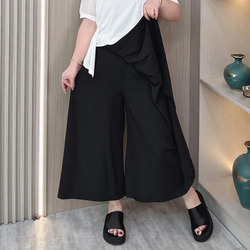 

Summer New Plus Size Wide Leg Pants Women High Waist Loose Thin Casual Black Culottes