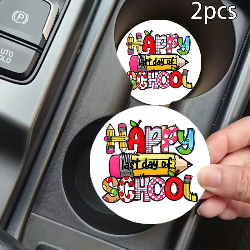 2Pcs Leather Car Cup Holder Coasters, Happy Last Day of School Colorful Cartoon Pencil Doodle Print Anti-Slip Car Cup Mats, Wate