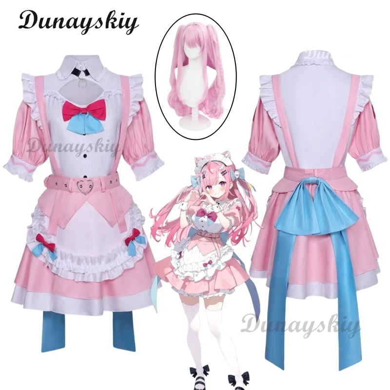 Yuuki Sakuna Cosplay Anime Vtube Costume Wig Pink Long Dress Maid Skirts Uniform Suit Wig Girl Play Outfits for Woman Customized