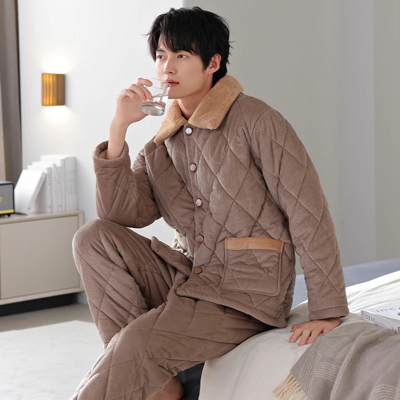 Men Solid Pajamas Set Winter Thick Warm Flannel Sleepwear 3 Layer Clip Cotton Pijama