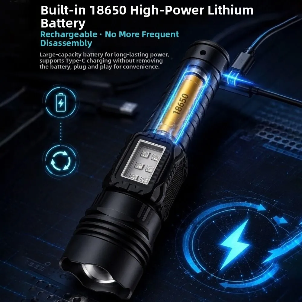 Adjustable Focus White Laser Flashlight Multicolor Side Light Digital Battery Display Rechargeable Flashlight Strong Beam