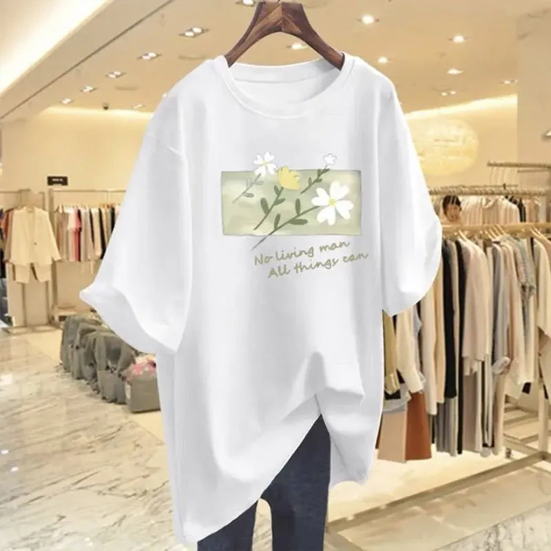 Damen-T-Shirts mit Blumenmuster, Sommermode, lässig, O-Ausschnitt, kurzärmelig, lockeres, schickes Pullover-Oberteil – Detail 3