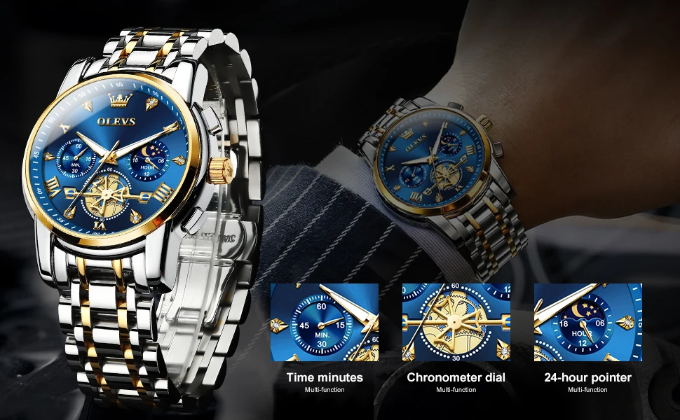 OLEVS 2856 Quartz Watch for Men Flywheel Skeleton Chronograph Moon Phase Multifunctional Stainless Steel Men's Wristwatches