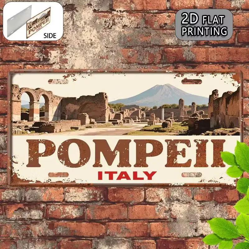 2D Flat, 2D Fla2DVintage Pompeii Italy Metal Sign - 12.0x6.0inch Wall Art, Roman Colosseum and Mount Vesuvius Design, Rustic Sty