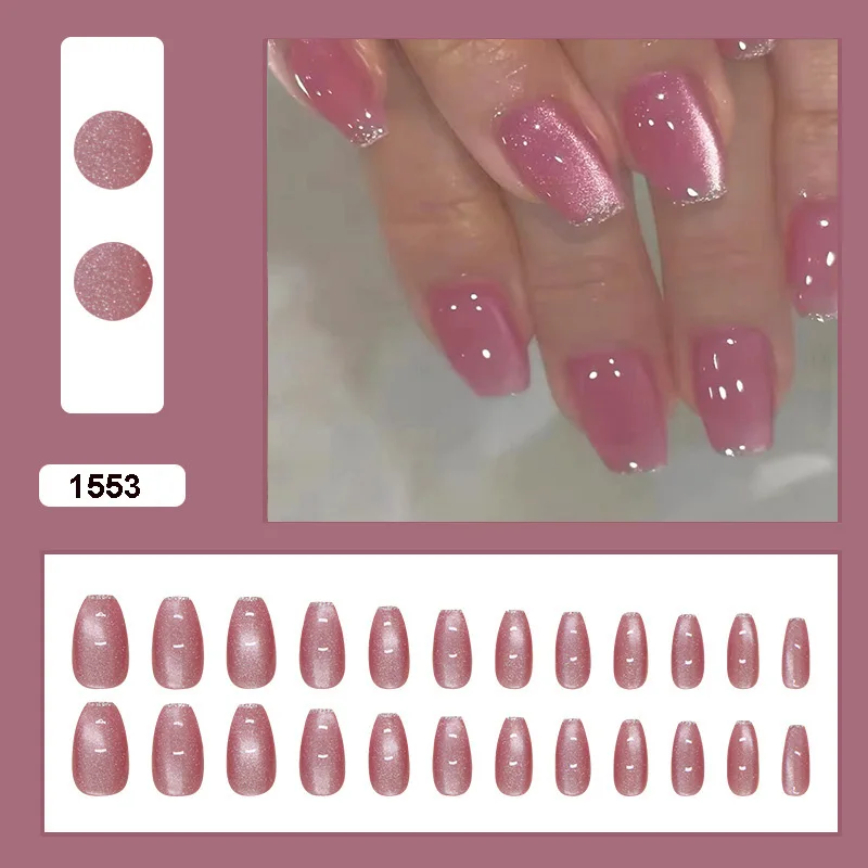 Medium fake nails for women girls Pink glossy cat eyes ballet shape nal tips full cover reusable press on false nail art set