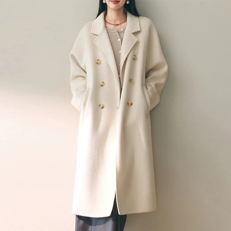 معطف صوف مزدوج الوجه 100% للنساء شتوي أنيق بأكمام طويلة وياقة على شكل طية صدر السترة للسيدات ملابس خارجية مستقيمة مزدوجة الصدر من الصوف