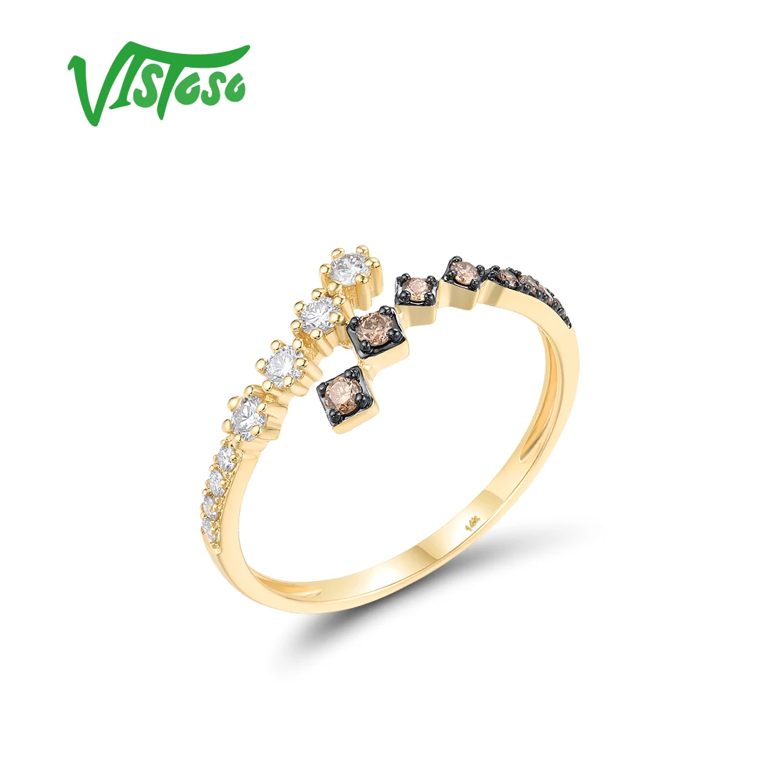 VISTOSO Real 14K 585 Yellow Gold Ring For Women Sparkling White& Brown Diamonds Fashion Wedding Engagement Band Fine Jewelry