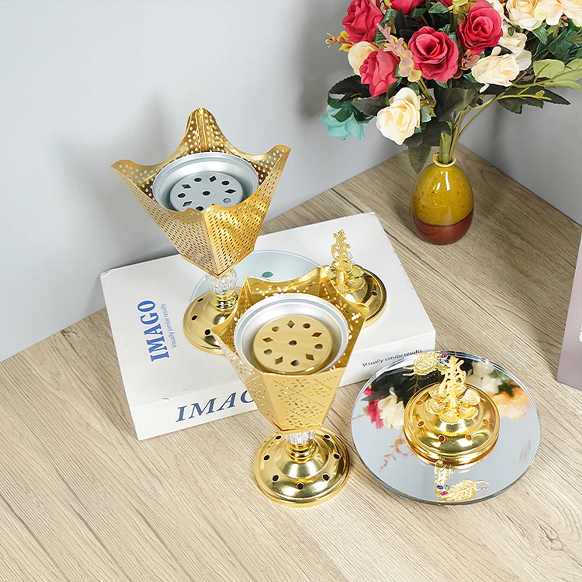 1pc Golden Metal Incense Burner Ramadan Electroplating Tower Incense Burner Eid Decorative Ornaments