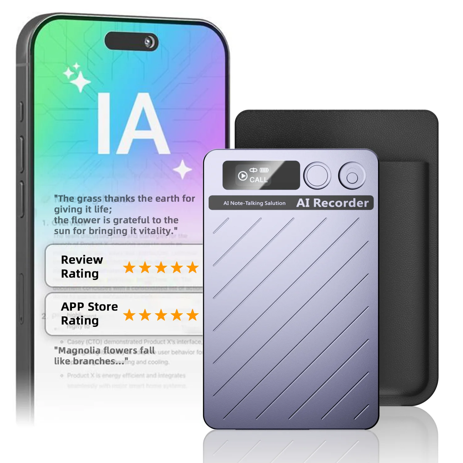 Enregistreur vocal portable Hganus avec contrôle par application, batterie 64 Go, transcription/résumé IA, application ChatGPT-4, téléphone BT 5.3