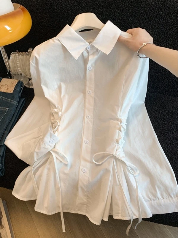 

French Sle Slimming White Ne irt with Knot And Pleats Women's Cotton Long Sve Spring Faion