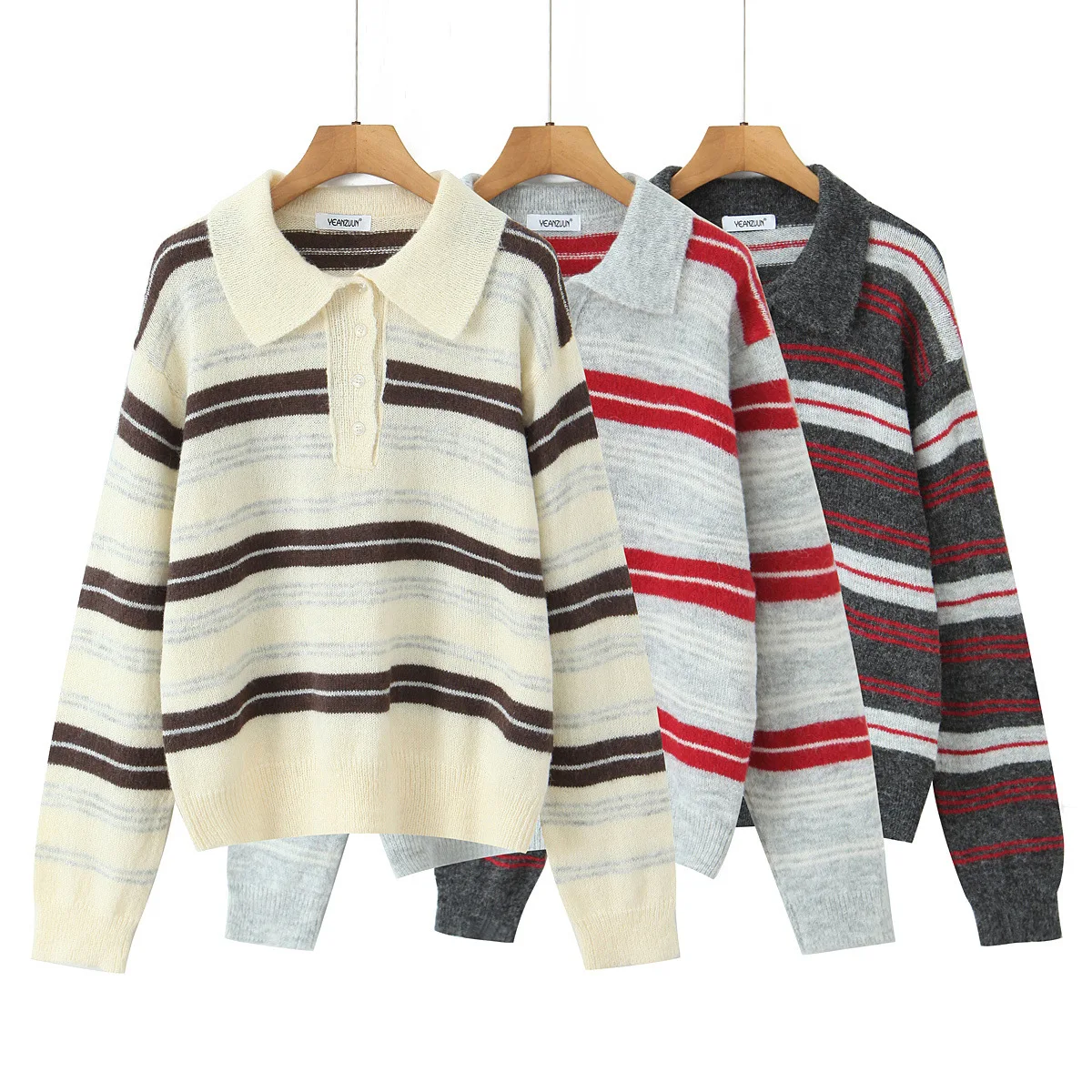 

Women's Knitted Polo Neck Striped Color Block Set Casual Autumn Fashion European Style Top And Bottom Ensemble