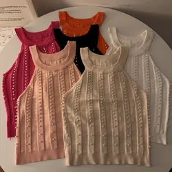2024 New Summer Solid Color Crew Neck Sleeveless Tank Top Vacation Beaded Decor For Women's Clothing Crop Top