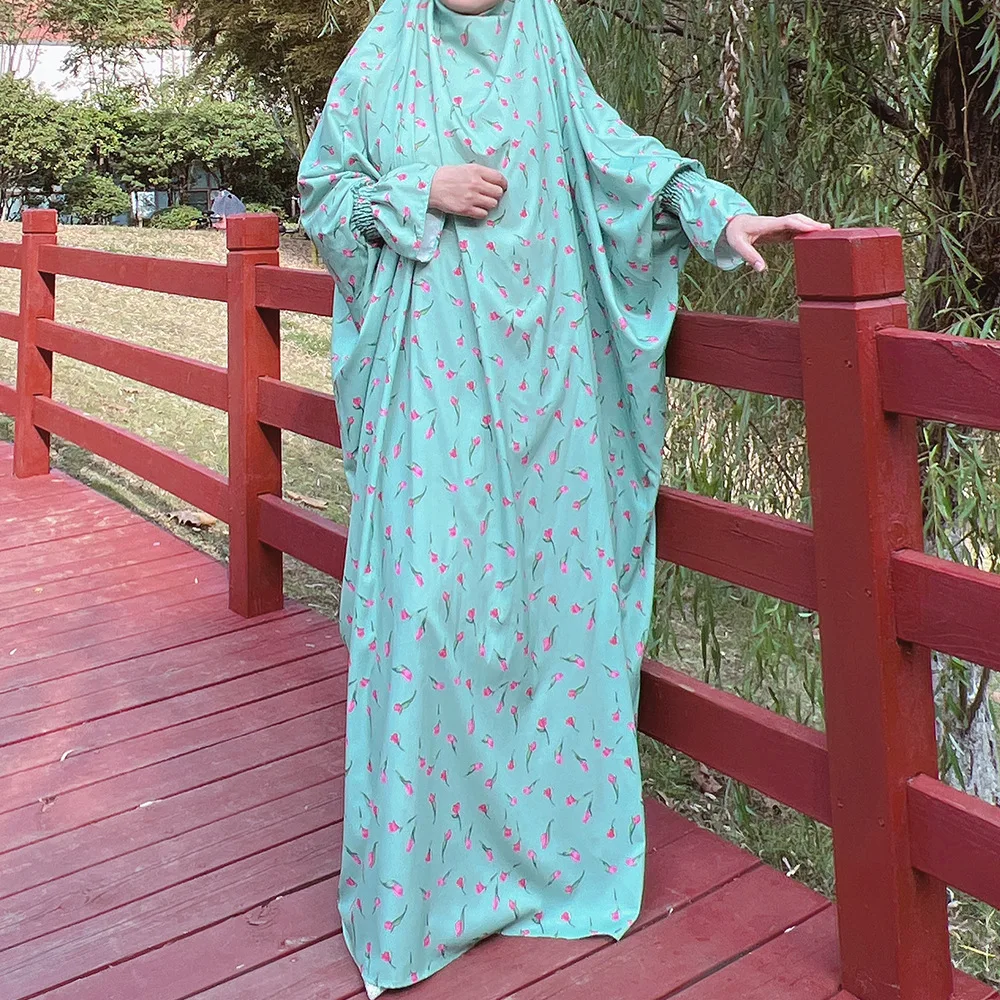 Eid Hooded Abaya Women Muslim Prayer Garment Printed Maxi Dress Kaftan Overhead Arabic Robe Islamic Khimar Abayas Ramadan Caftan