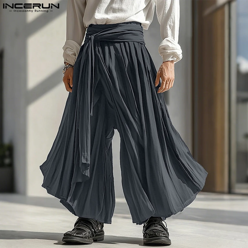 

INCERUN мужские широкие брюки плиссированные однотонные джоггеры повседневные брюки большого размера мужская уличная одежда 2025 длинные брюки на шнуровке с эластичной резинкой на талии