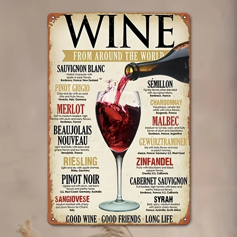 Metal Tin Sign Wall Art - Global Wine Theme Featuring Sauvignon Blanc, Merlot & Cabernet Sauvignon -   Rustic Decor for Man Ca