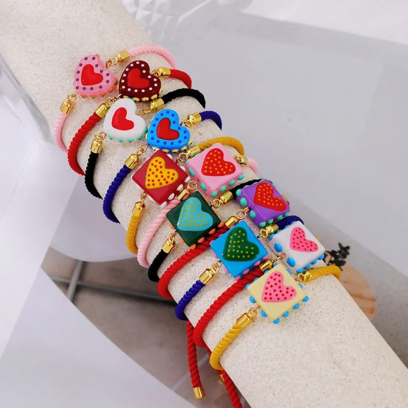 Square/Heart-Shaped Color Collision Wave Dot Heart-Shaped Adjustable Woven Bracelet, Y2K Sweet Retro