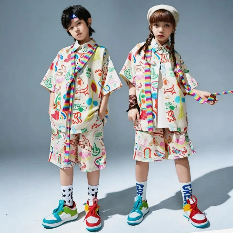 New Jazz Clothes Street Dance Costume Girls Short Hip Hop Set Geometric Animal Print Top Short Pant Rainbow Scarf for Boys Kids