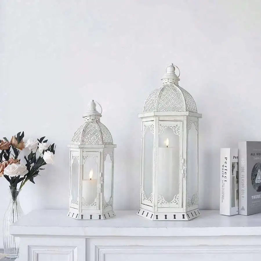 Set Of 2 Decorative Candle Lanterns 22'&17' H Outdoor Vintage Metal Candle Holder For Garden Living Room Indoor Parties Weddings