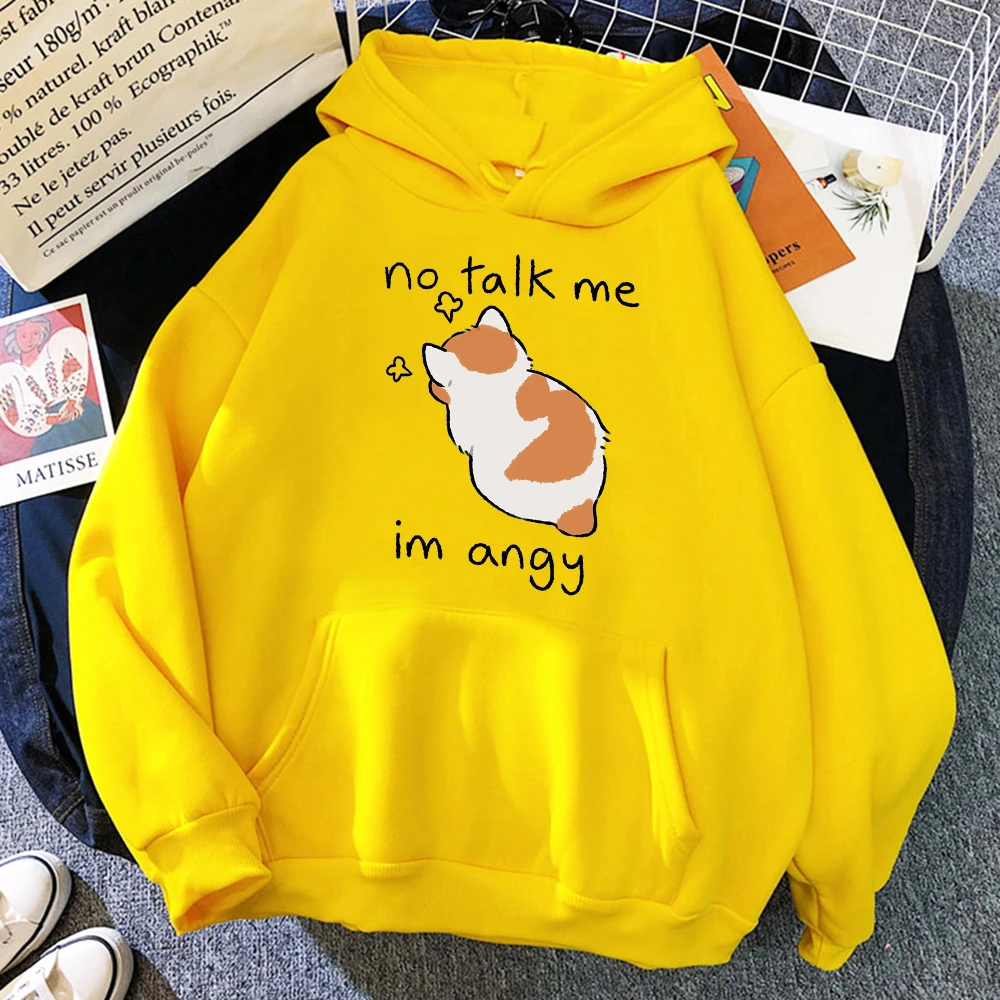 Men Women Hoody No Talk Me Cute Angry Cat Print Hip Hop Soft Sweatshirt Casual Fleece Sweatshirt Oversize Fleece Streetwear