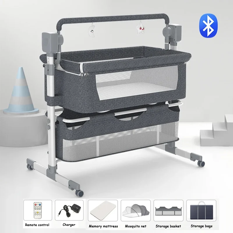 Bluetooth Elektrisches Babybett Babywiege Kinderbett Automatisch Schaukelndes Säuglingsbett Fernbedienung Timer Tragbares Babybett