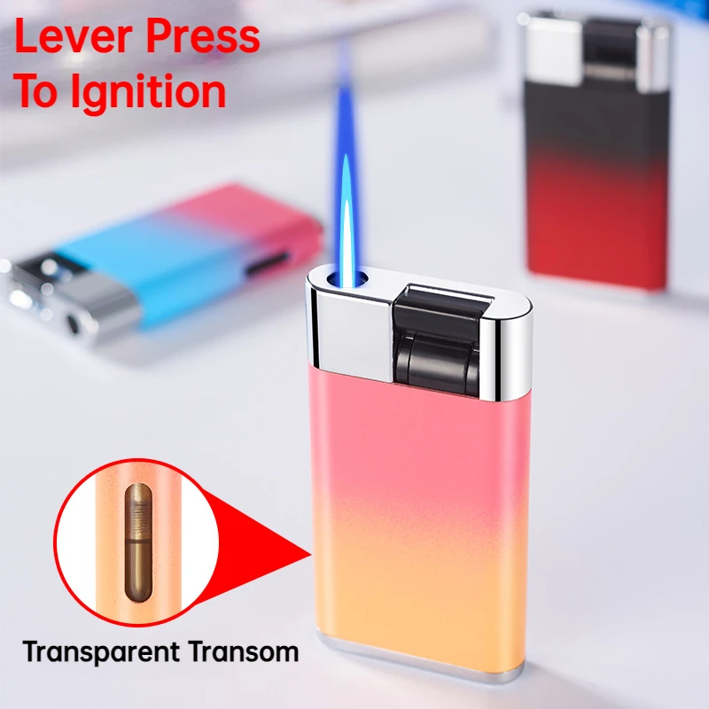 Creative Windproof Direct Blue Flame Lever Press Ignition Visible Bunker Butane Gas Lighter Smoking Accessories Gadgets for Men