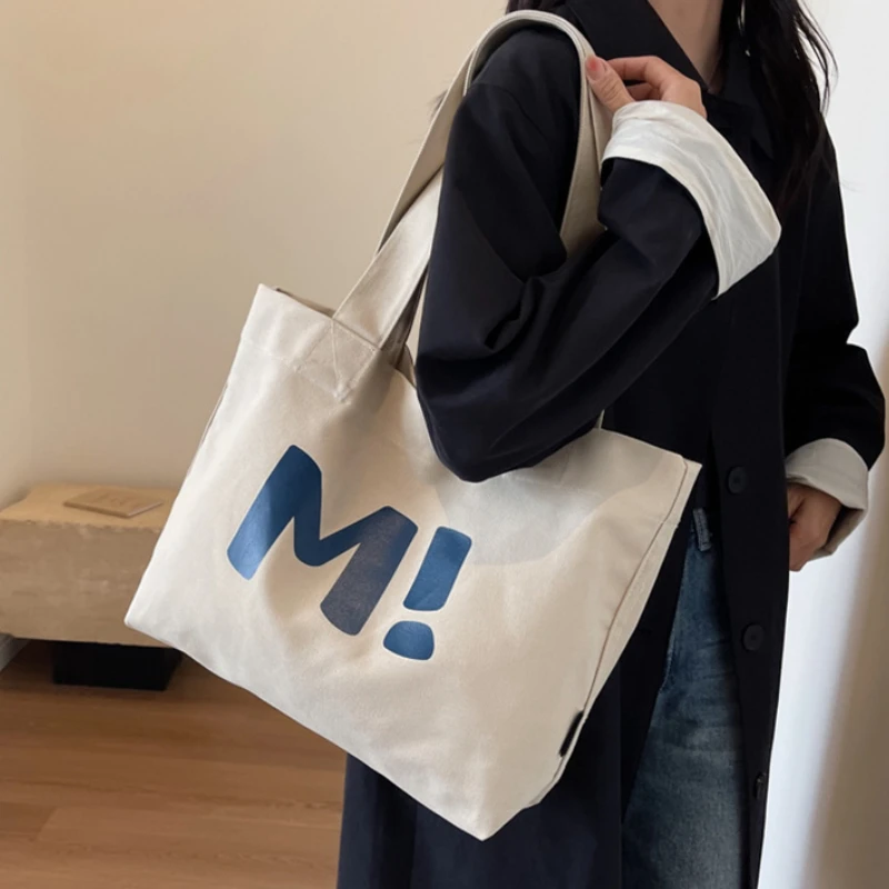 New Simple Large Capacity Canvas Bag Letter Printing Tote Shoulder Bag Casual Solid Color Storage Bag Handbag Trendy All-match