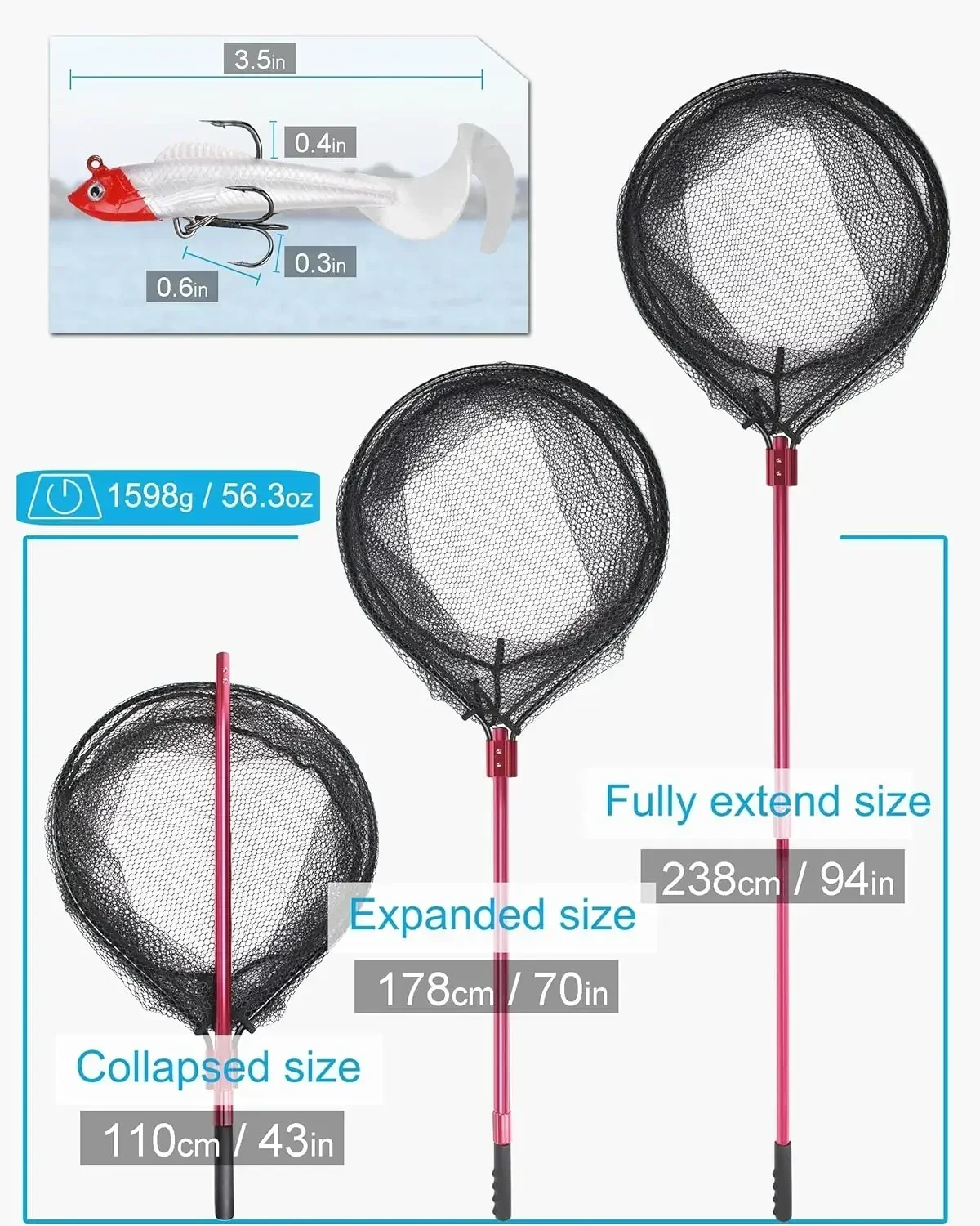 

XMSJ-Sale Heavy Duty Extra Large Aluminum Telescoping Landing Net - Saltwater Fishing Net with 6pcs Soft Jig Swimbait, Extends t