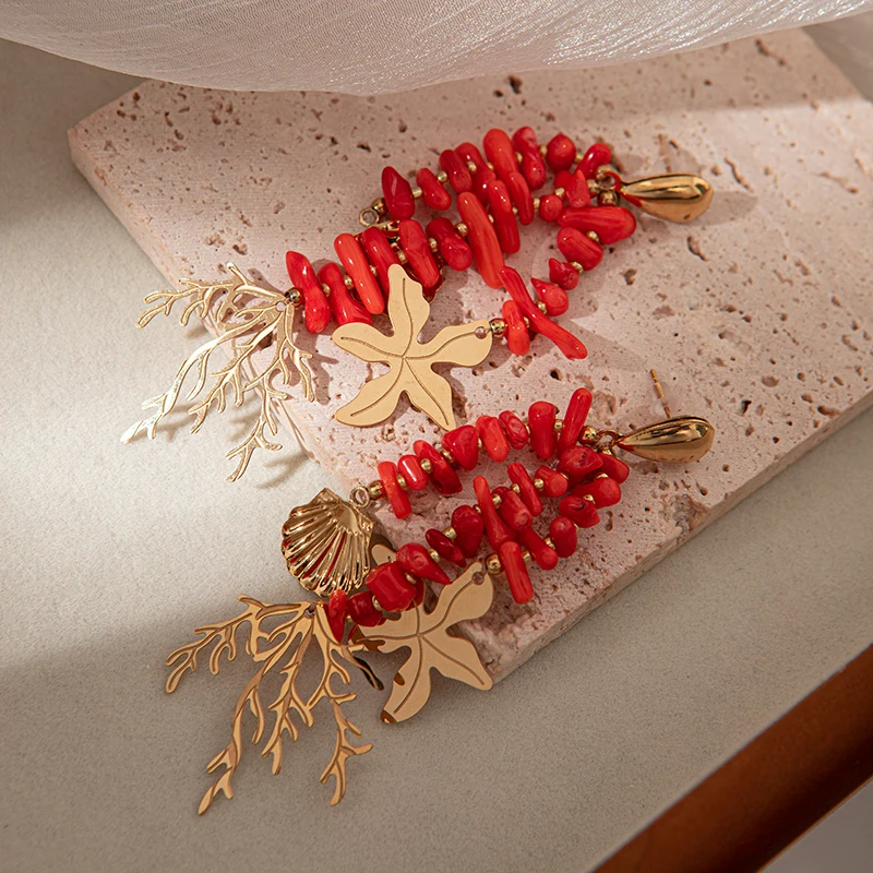 1Pair Elegant Red Coral Tassel Stainless Steel Women\'s Earring 14K Gold Plated Fashion Jewelry 2024 New Stylish Women\'s Earring