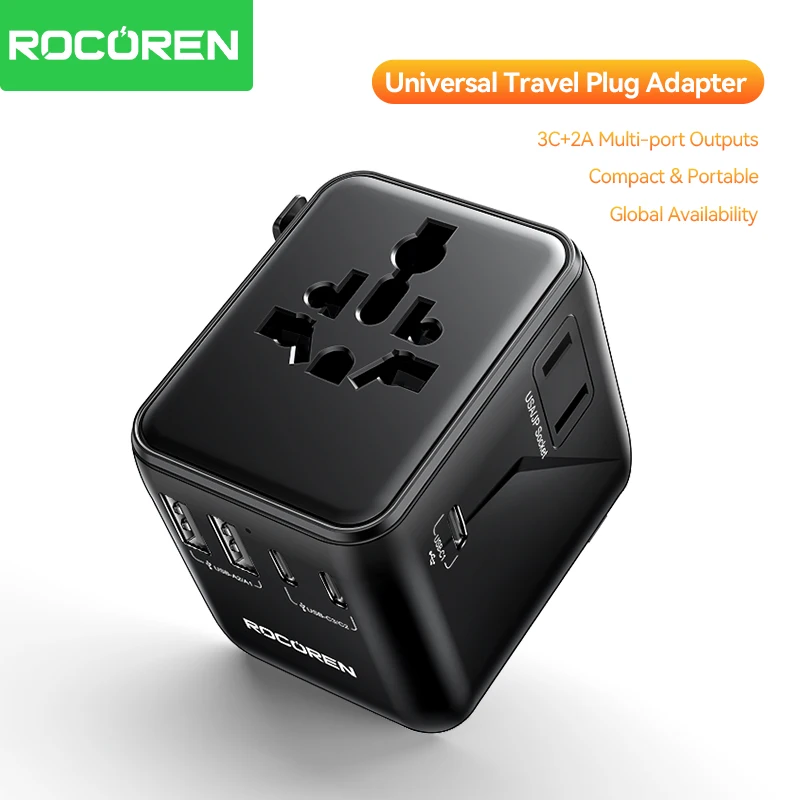 Rocoren Universal Travel Adapter with 2 USB 3 Type C GaN Fast Charging All-in-1 Travel Charger EU/UK/US/AU With 2500W AC Socket